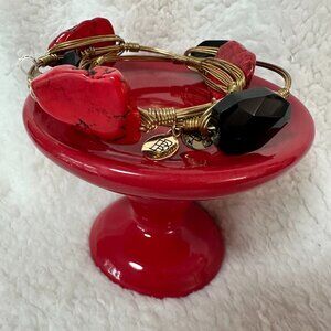 NWT Bourbon & Boweties Red Natural Stone Black Stackable Bracelet Set (2)Boho